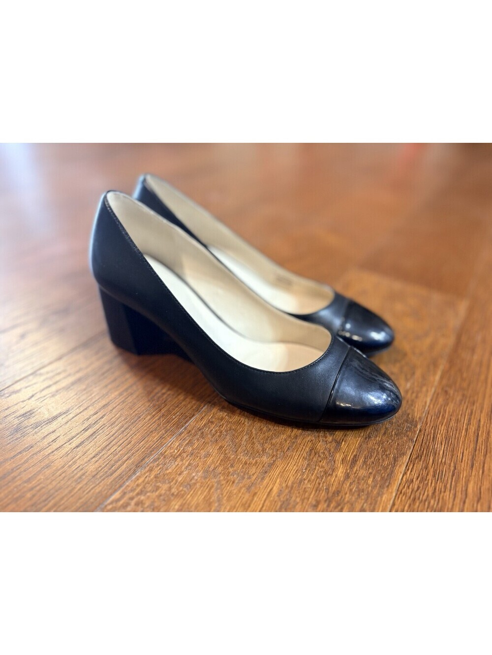 Cole Haan Shoes Women 7B Black Leather Patent Cap Toe Block Heel Slip On Pumps